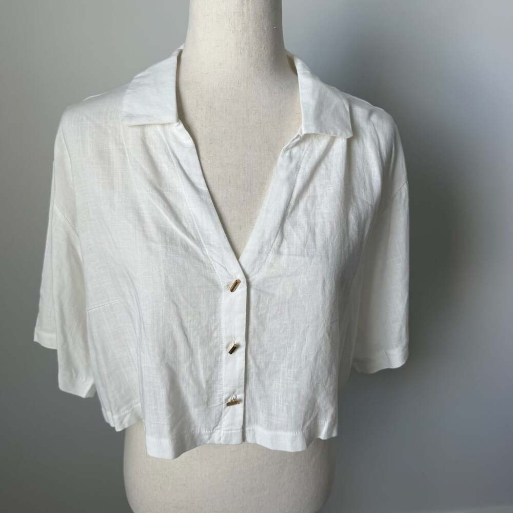 Kirious Los Angeles Crop Shirt Size L White Rayon Linen Collared Blouse